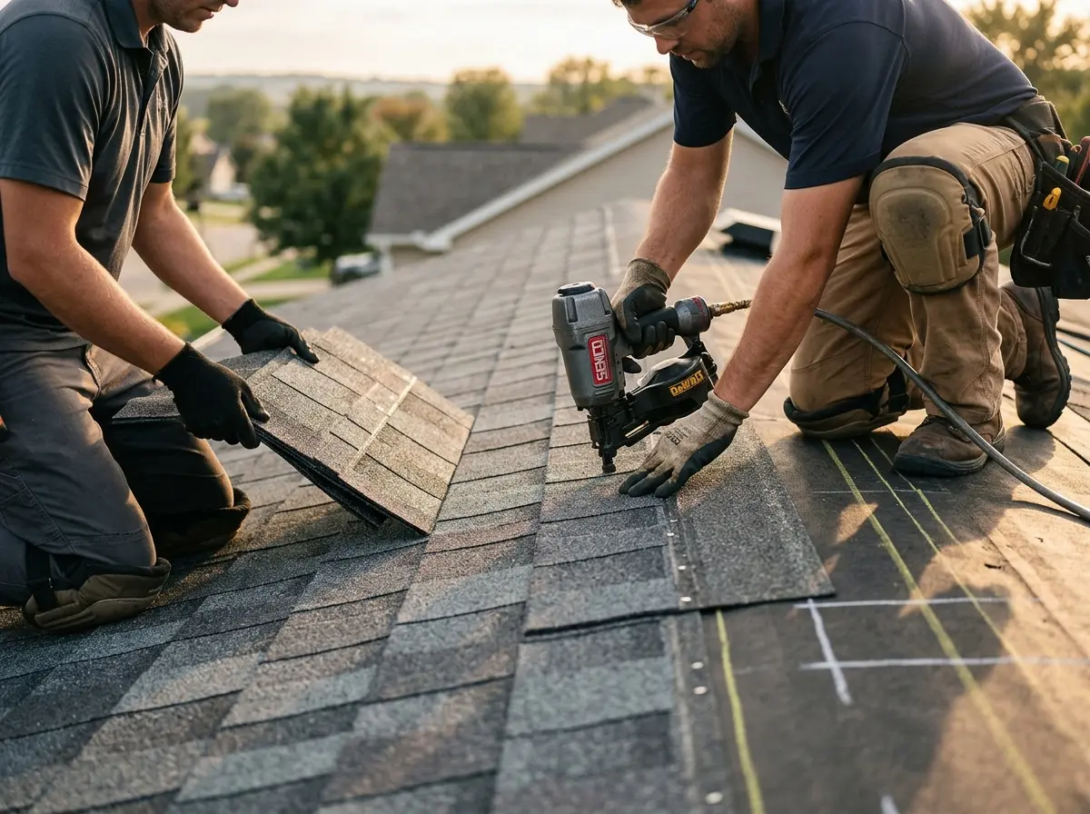 Professional roofer working on a residential roof in Ranson corporation